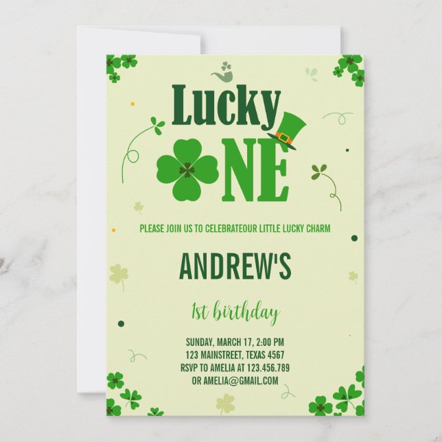 Convite Green Clover Lucky One Primeiro Aniversário (Frente)