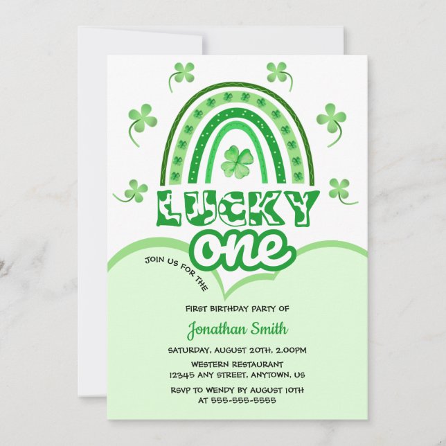 Convite Green Clover Lucky One Rainbow Aniversário (Frente)