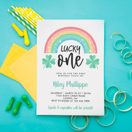 Convite Green Clover & Rainbow Lucky One First Birthday
