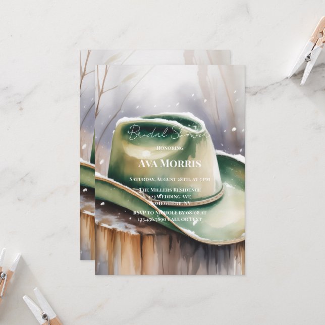 Convite Green Cowboy Hat in Snow Bridal Shower (Frente/Verso In Situ)