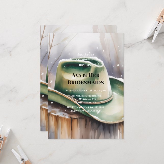 Convite Green Cowboy Hat in Snow Bridesmaids Luncheon  (Frente/Verso In Situ)