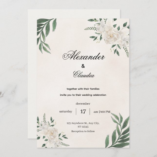 Convite Green & Cream Botanical Wedding, (Frente/Verso)
