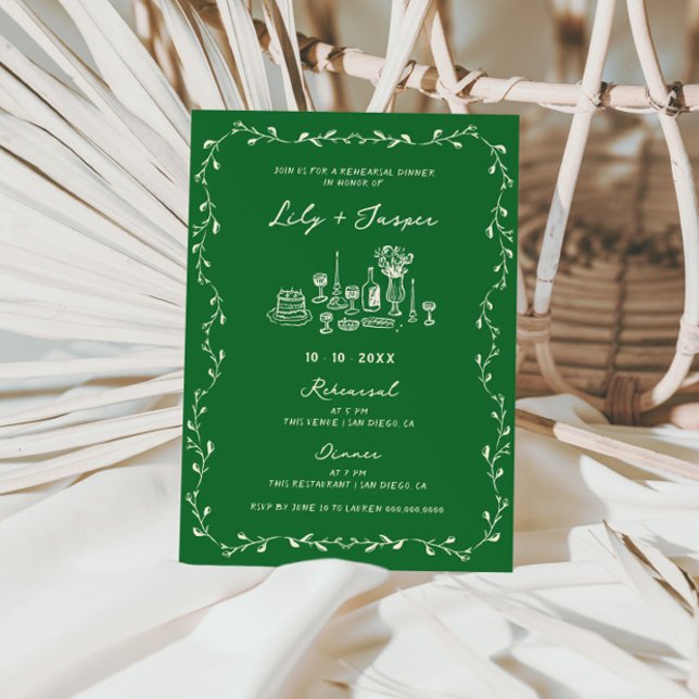 Convite Green Cream Hand Drawn Rehearsal Dinner (Criador carregado)