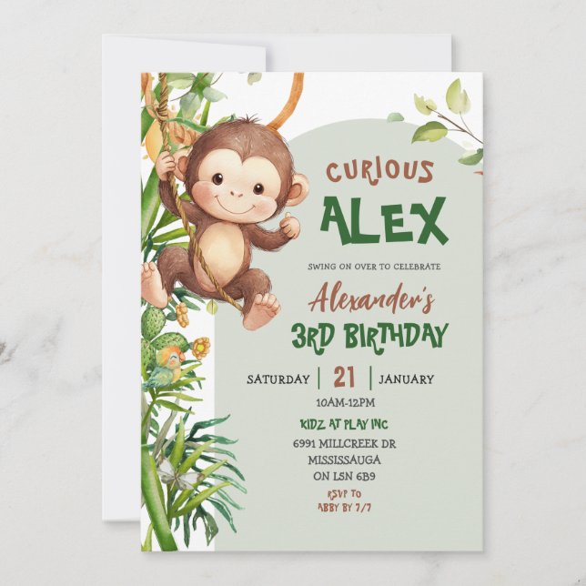 Convite Green Curious Monkey Safari Theme Birthday (Frente)