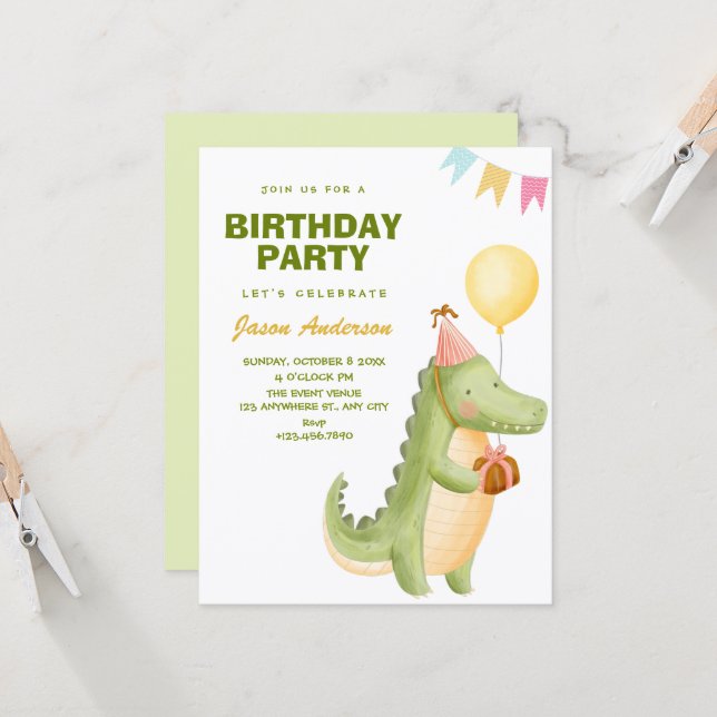 Convite Green cute crocodile birthday (Frente/Verso In Situ)