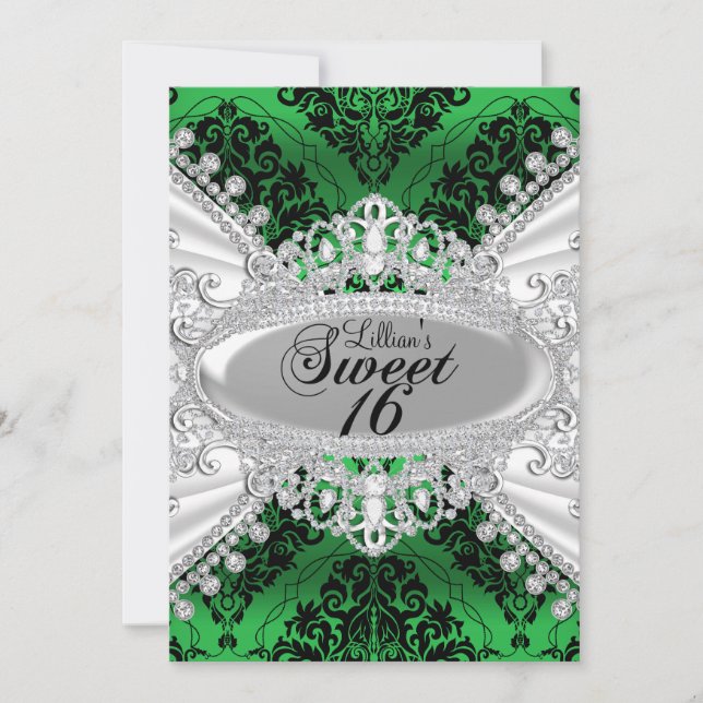 Convite Green Damask & Diamond Tiara Sweet 16 Invite (Frente)