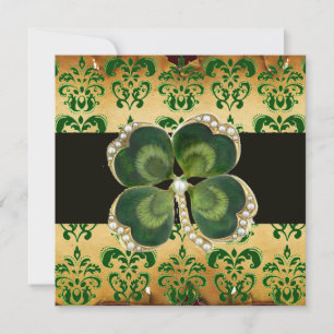 CONVITE GREEN DAMASK, JOIAS DE SHAMROCK DOURADO COM PÉROL