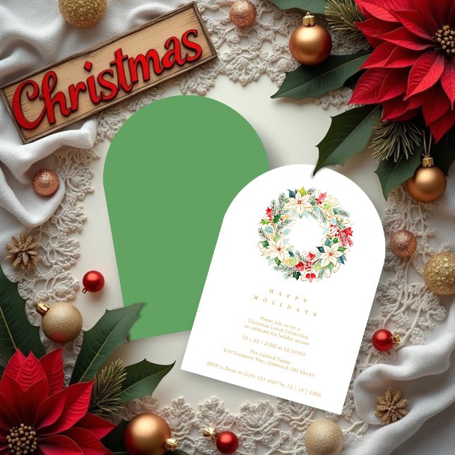 Convite Green Delicate Chic Winter Christmas Wreath Party (Delicate Chic Winter Christmas Wreath Holiday Party Invitations Cards in Digital Watercolor Style.)