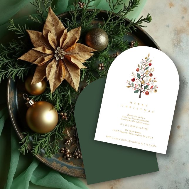 Convite Green Delicate Simple Chic Winter Christmas Tree (Green Minimalist Chic Winter Christmas Tree Holiday Party Invitations Cards in  Watercolor Style.)
