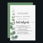 Convite Green Delight Eucalyptus Calliographic Bat Mitzvah<br><div class="desc">Este convite de eucalipto caligrafia é perfeito para um simples morcego mitzvah. A design apresenta galhos e folhas botânicas elegantes e desenhadas a aquarela e desenhadas à mão.</div>