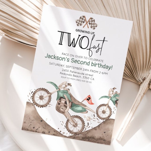 Convite Green Dirt Bike 2nd birthday - Growing up two fast (Green dirt bike growing up two fast, watercolor birthday invitation)