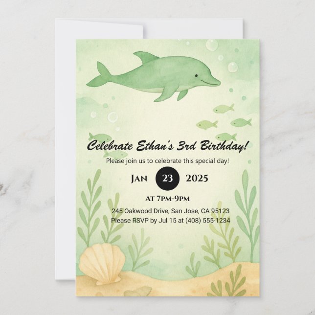 Convite Green Dolphin & Undersea Garden Birthday  (Frente)