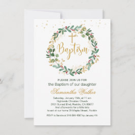 Convite Green Dourado Foliage Red Berry Cross Baptism Conv