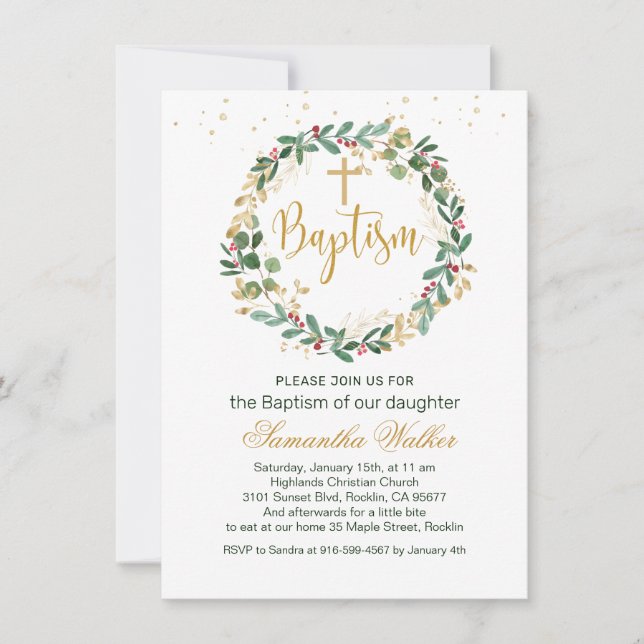 Convite Green Dourado Foliage Red Berry Cross Baptism Conv (Frente)