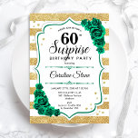 Convite Green Dourado White Surprise 60º aniversário<br><div class="desc">Surpresa 60º Convite de aniversário. Design verde feminino com ouro brilhante falso. Apresenta faixas brancas e douradas,  rosas,  fontes de script e confetti. Perfeito para uma elegante comemoração de aniversário feminina. Pode ser personalizado para mostrar qualquer idade. Impressos convites Zazzle ou modelo de impressão digital instantânea para download.</div>