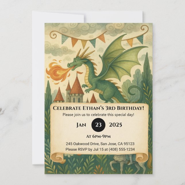 Convite Green Dragon and Knight in Enchanted Birthday (Frente)