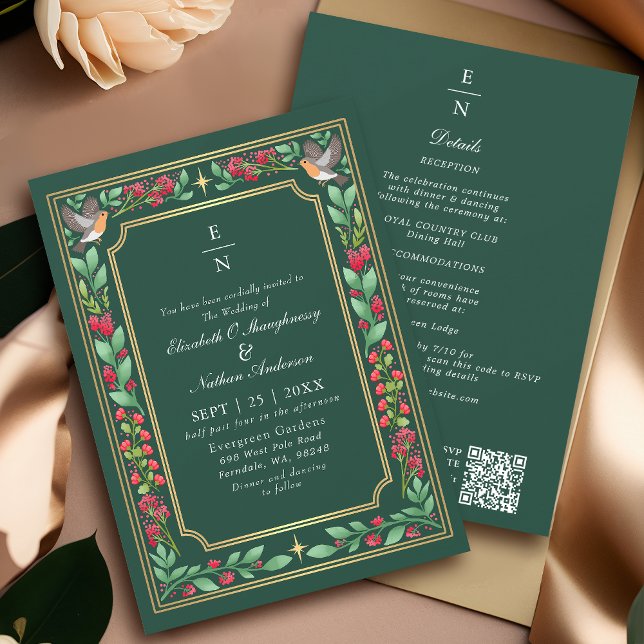 Convite Green Enchanting Botanical Floral Wedding QR Code (Criador carregado)
