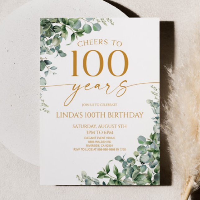 Convite Green Eucalyptus Gold 100th Birthday Party (Criador carregado)