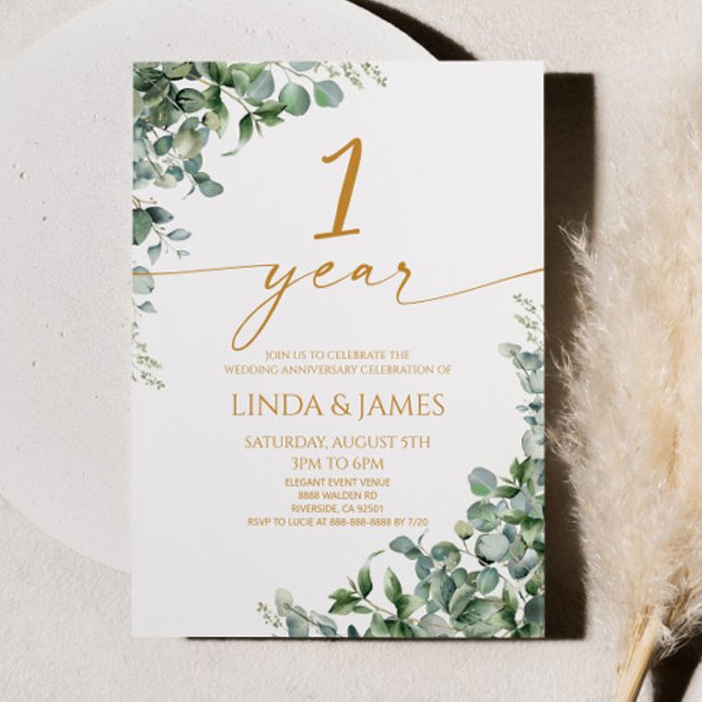 Convite Green Eucalyptus Gold 1st Wedding Anniversary (Criador carregado)