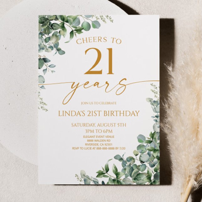 Convite Green Eucalyptus Gold 21st Birthday Party (Criador carregado)