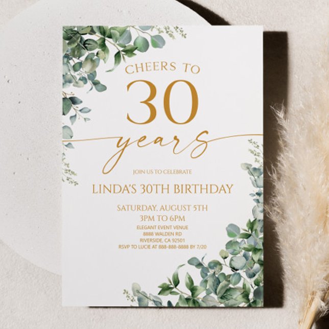 Convite Green Eucalyptus Gold 30th Birthday Party (Criador carregado)