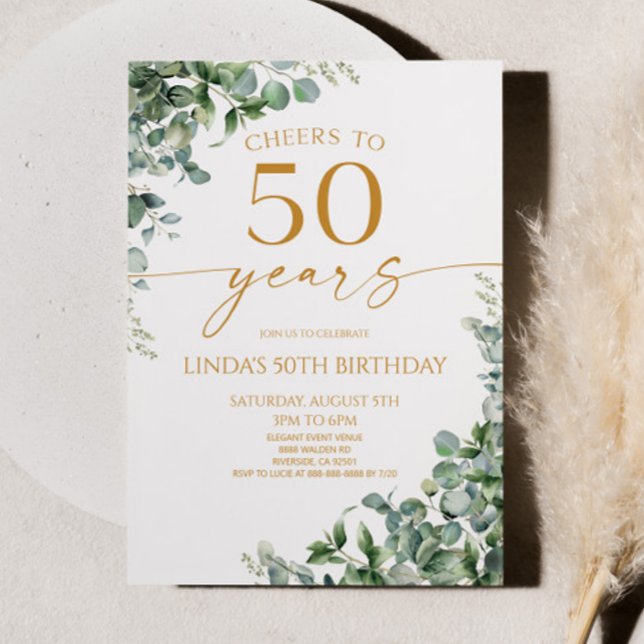 Convite Green Eucalyptus Gold 50th Birthday Party (Criador carregado)