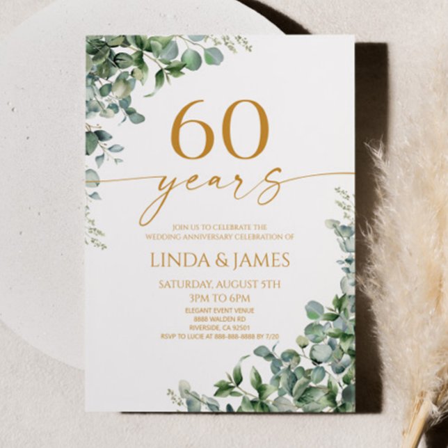 Convite Green Eucalyptus Gold 60th Wedding Anniversary (Criador carregado)