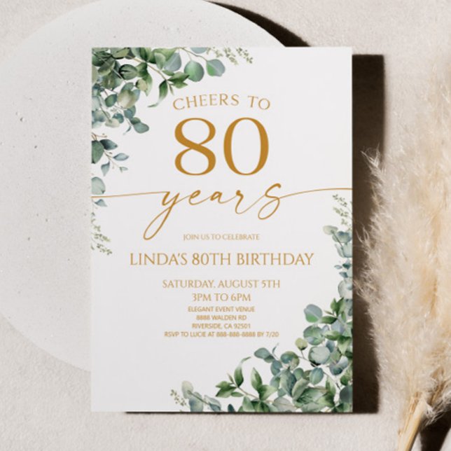 Convite Green Eucalyptus Gold 80th Birthday Party (Criador carregado)