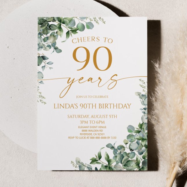 Convite Green Eucalyptus Gold 90th Birthday Party (Criador carregado)