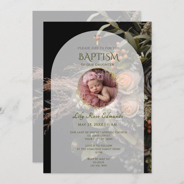 Convite Green Fall Floral Baptism  (Frente/Verso)