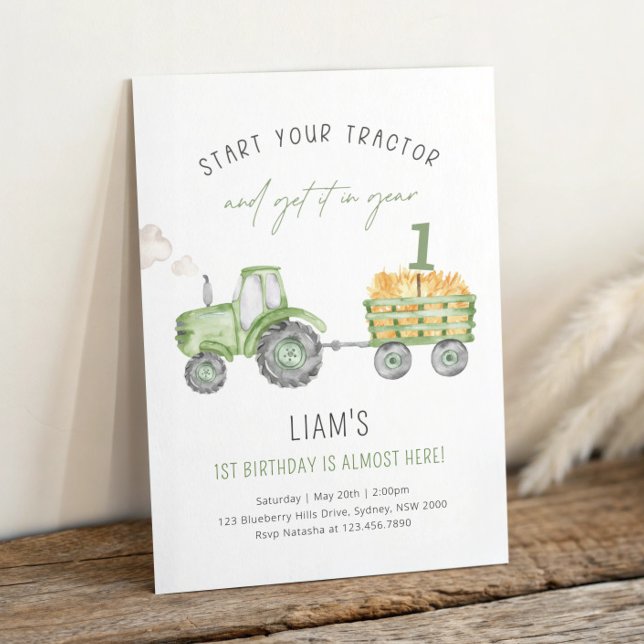 Convite Green Farm Tractor 1st Birthday Party (Criador carregado)