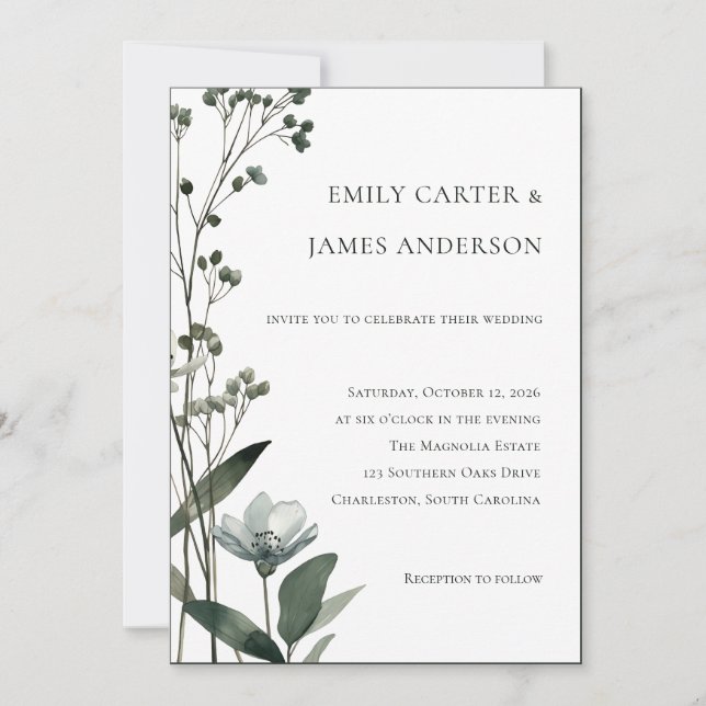 Convite Green Floral Botanical Wedding (Frente)