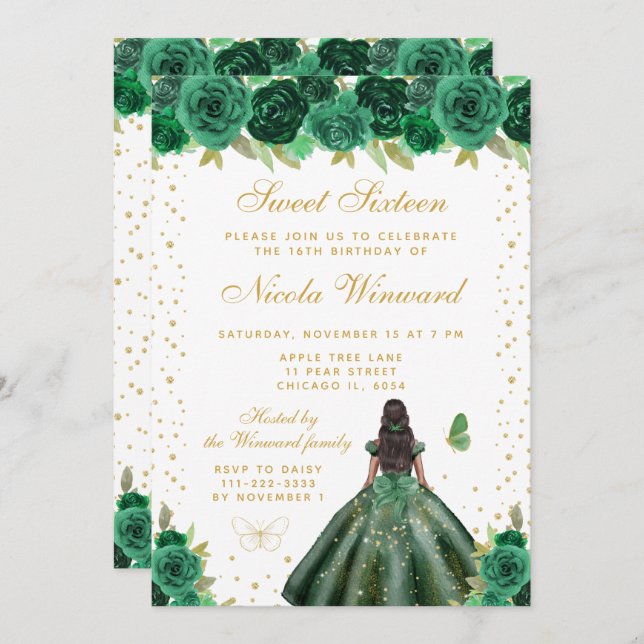 Convite Green Floral Dark Skin Princess Sweet Sixteen (Frente/Verso)