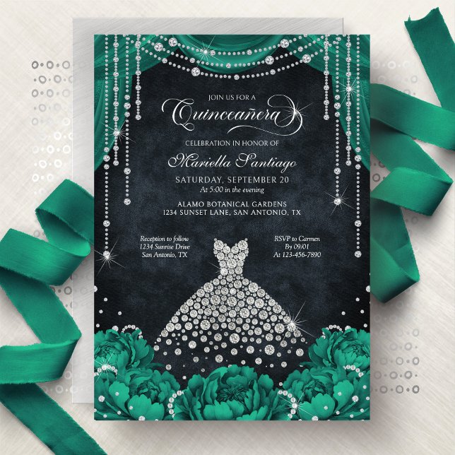 Convite Green Floral Diamond Quinceanera Invitation (Criador carregado)