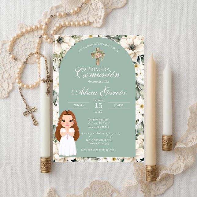 Convite Green floral First Communion Invitation (Criador carregado)