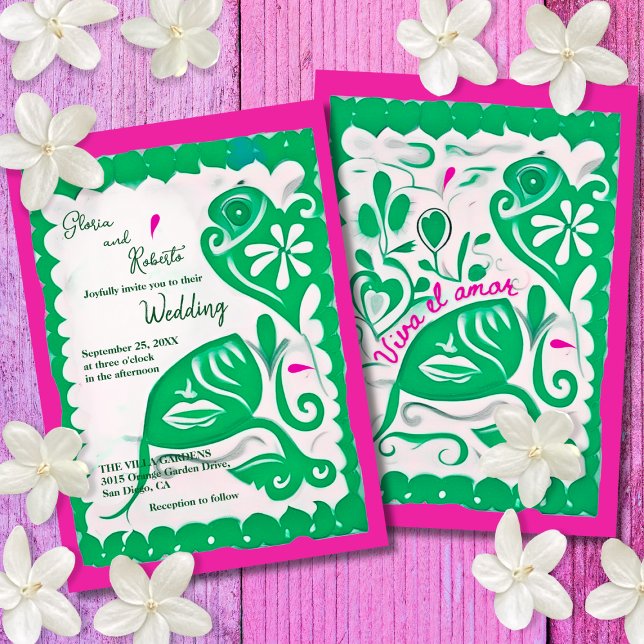 Convite Green Floral Heart Papel Picado Casamento Mexicano (Criador carregado)