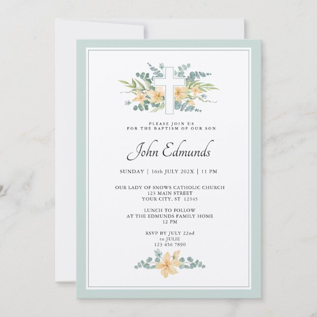Convite Green Floral Watercolor Baptism Invitation (Frente)