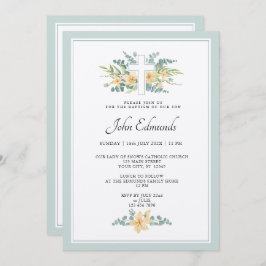 Convite Green Floral Watercolor Baptism Invitation