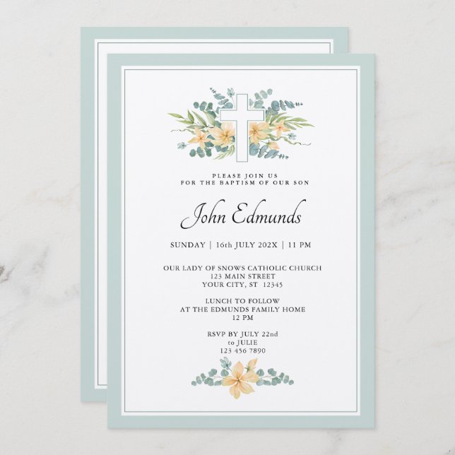 Convite Green Floral Watercolor Baptism Invitation (Frente/Verso)