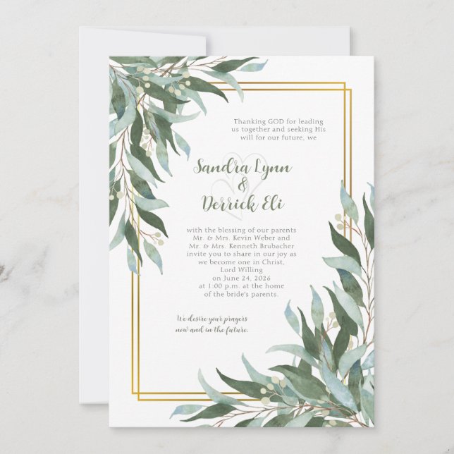 Convite Green Foliage Greenery Gold Frame Wedding (Frente)