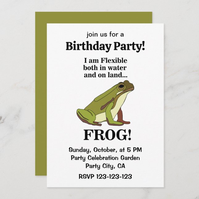 Convite Green Frog Funny Birthday Party (Frente/Verso)