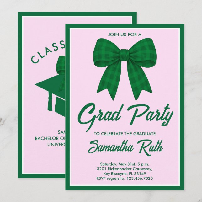 Convite Green Gingham Bow Graduation Party (Frente/Verso)