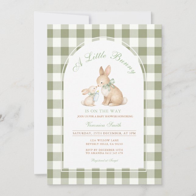 Convite Green Gingham Bunny Spring Easter Baby Shower  (Frente)