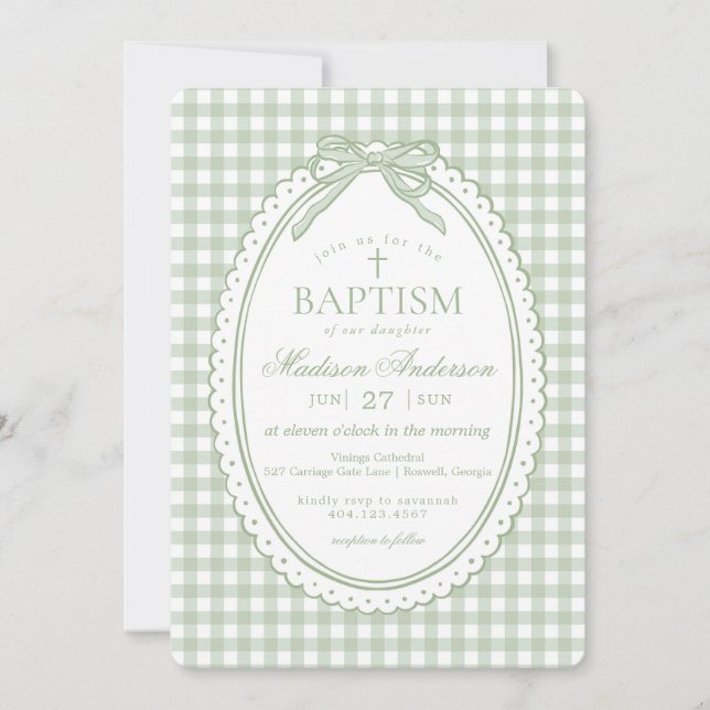 Convite Green Gingham Coquette Bow Baptism (Frente)