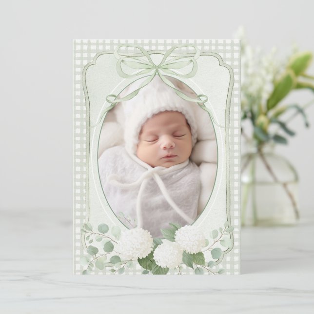 Convite Green Gingham Floral Vintage Birth Announcement (Em pé/Frente)