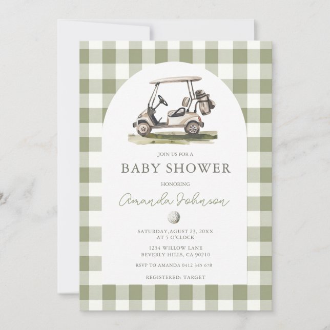 Convite Green Gingham Golf Boy Baby Shower Invitation (Frente)