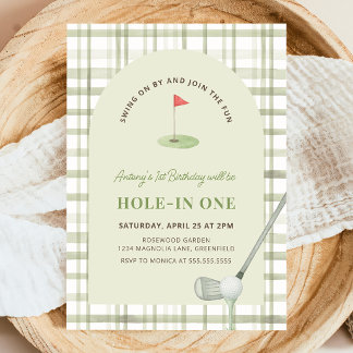 Convite Green Gingham Hole in One Golf Birthday Invitation
