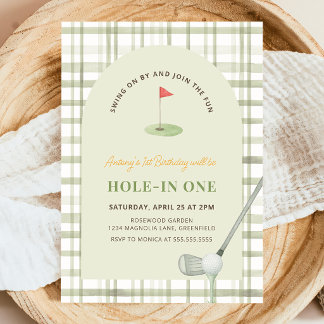 Convite Green Gingham Hole in One Golf Birthday Invitation