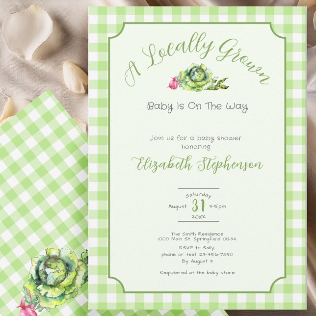 Convite Green Gingham Locally Grown Baby Shower (Criador carregado)