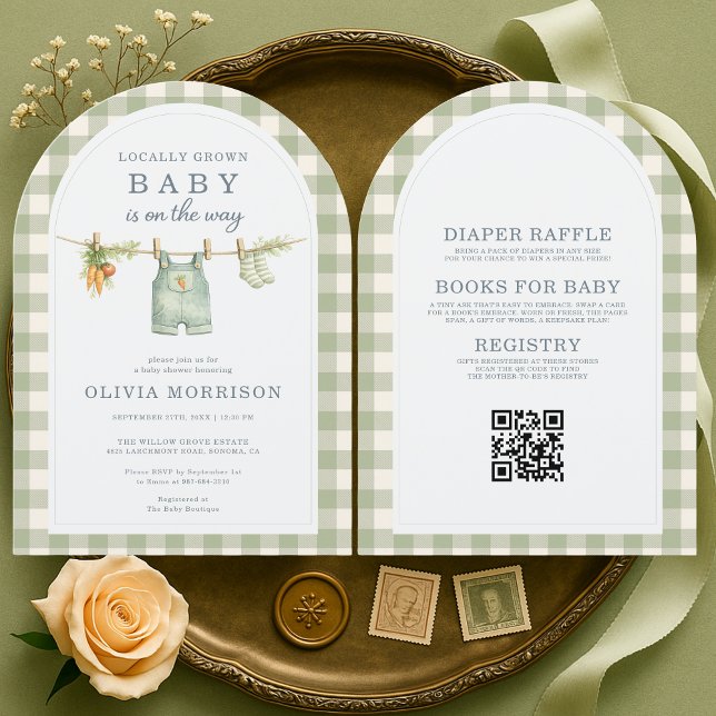Convite Green Gingham Locally Grown QR Code Baby Shower (Criador carregado)
